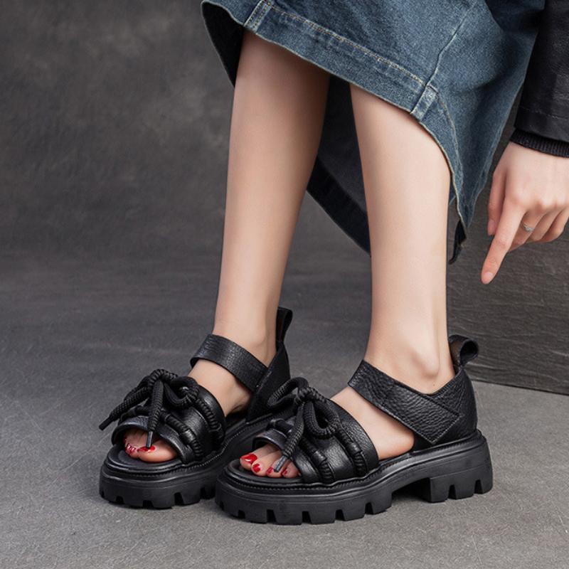 Johnature Versatile Peep Toe Hook & Loop Sandals Retro Genuine Leather Thick Soled Women's Shoes