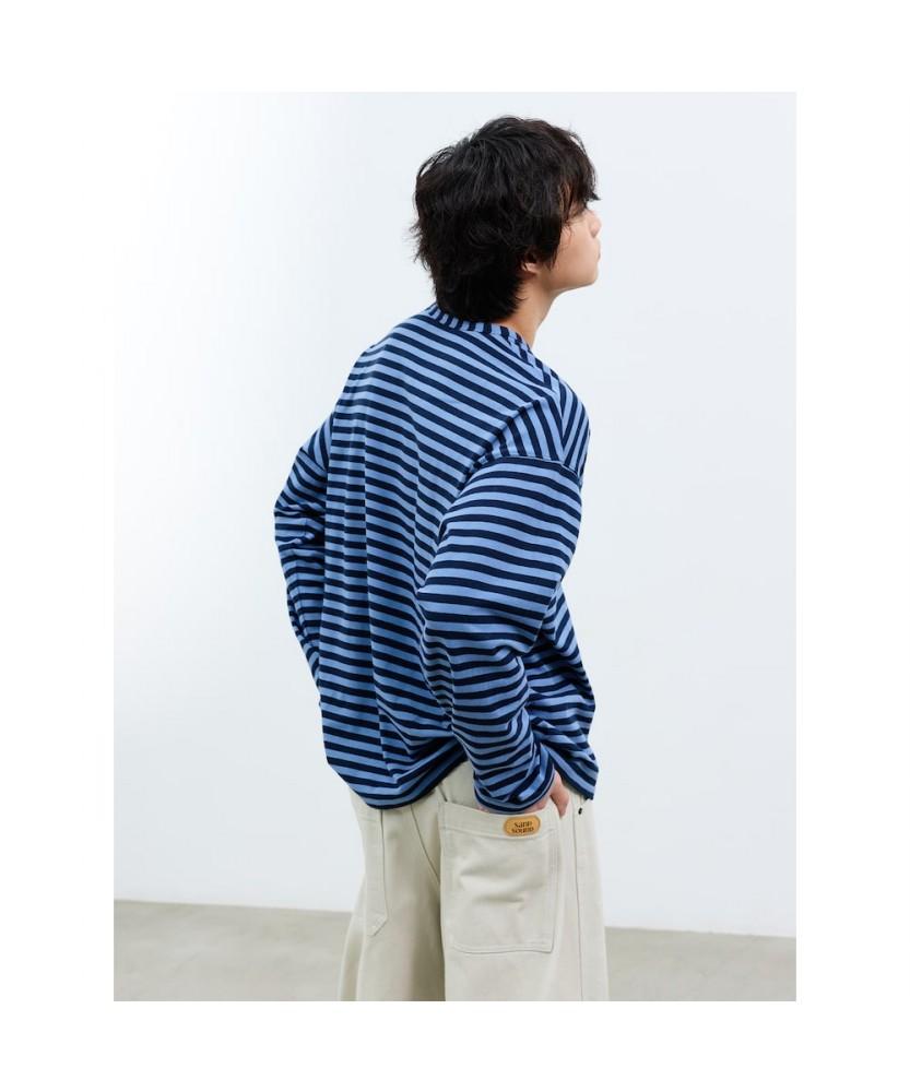 Saendeusaundeu (Unisex) Awning Stripe Long Sleeve T-Shirt Blue