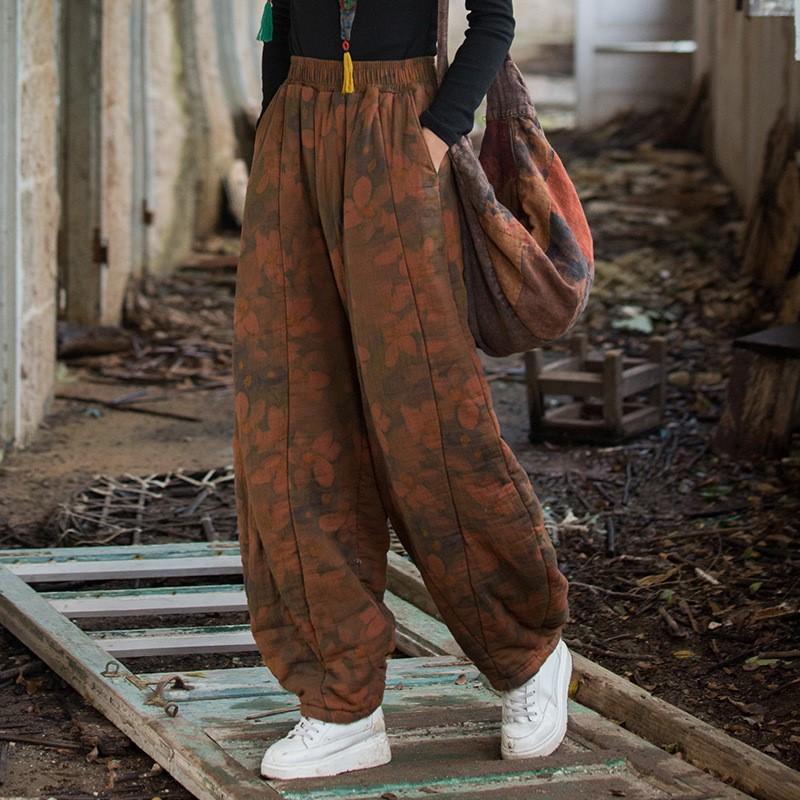 Johnature Women Vintage Print Floral Winter Pants Elastic Waist Pockets Trousers Warm Bloomers Pants