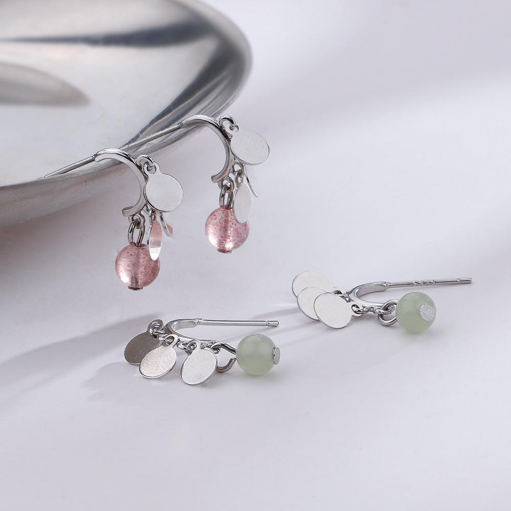 Tassel Semi-Round C-Shaped Earrings, Short Guochao Strokes Peach Blossom Luck, Strawberry Crystal Earrings, Women'S Small Disc Hetian Jade Earrings