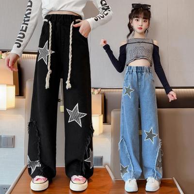 Mode Kinderen Meisjes Denim Wijde Pijpen Broek met Sterrenprint Gescheurd Elastische Tailleband Jeans Broek Casual Kinderonderstukken