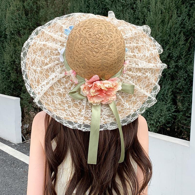 Summer Bow Sun Hat Female, Seaside Beach Vacation Sun Hat Outdoor Big Brim Sun Hat Sweet Straw Hat