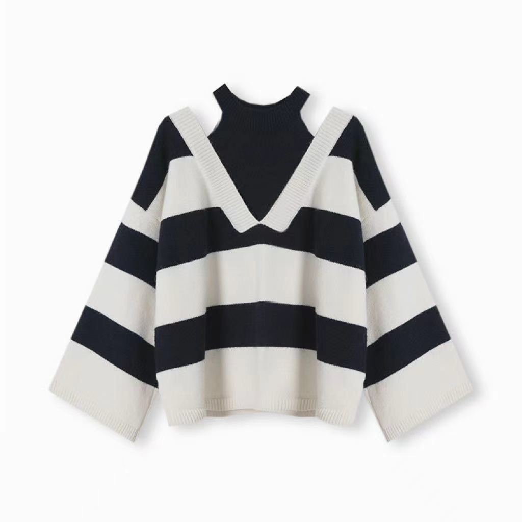 Pullover 2023 Casual Long Sleeve Pullover Knitwear Top Fake Two Piece Neck Hanging Off Shoulder Striped Sweater Pullover Women