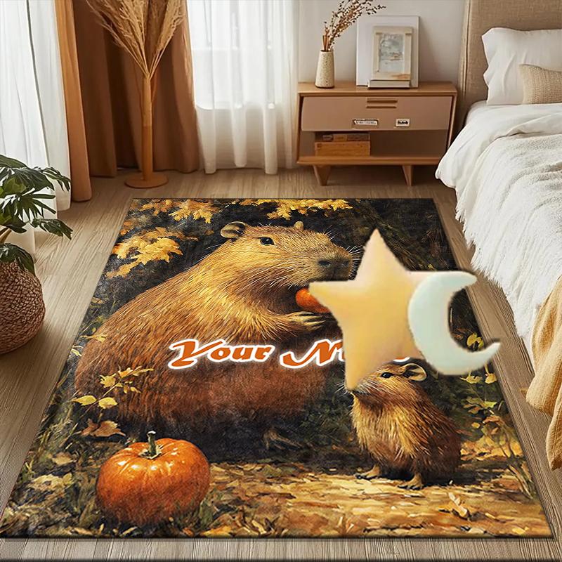 1PC Custom Name Autumnal Capybara Pumpkins Theme Floor Mat Ideal for Living Room, Game Rooms, Office, Bedroom Floor Mat Playful Design