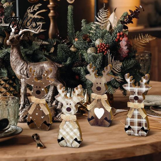 Winter Wonderland Party Decorations Wooden Christmas Tabletop Decor, Rustic Reindeer Animal Figurines, Farmhouse Style Plaid Fabric Bow Holiday