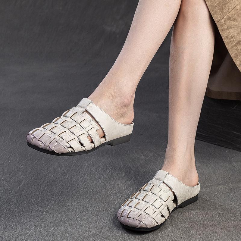 2026 Summer New Hand Woven Breathable Flat Outdoor Wear Closed Toe Slippers Casual First Layer Cowhide Women Shoes