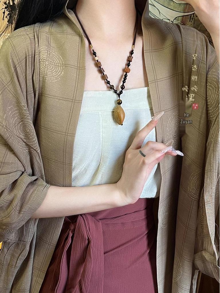 Hand-Woven Pine Nut Wood Bead Necklace - Chinese Retro Style Versatile Fashion Accessory