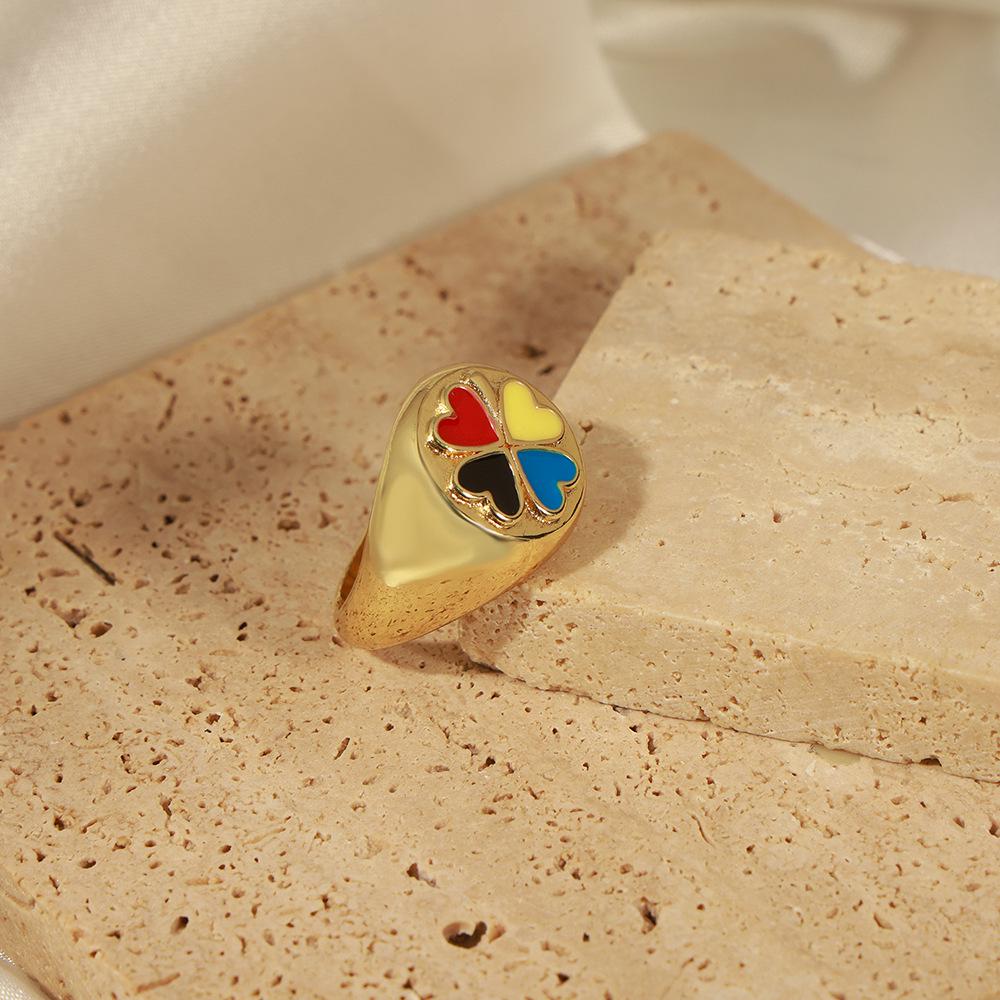 Korean Style Geometric Heart Clover Enamel Ring for Women - Trendy Temperament Design