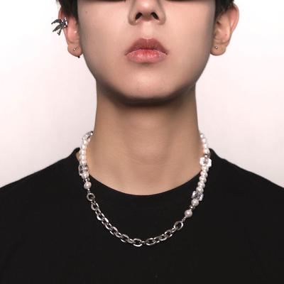 Collier Carré Cristal Perle Mâle Tendance Mâle Personnalité Collier Luxe Léger Niche Premium Hip Hop Mâle Tendance Chaîne Clavicule