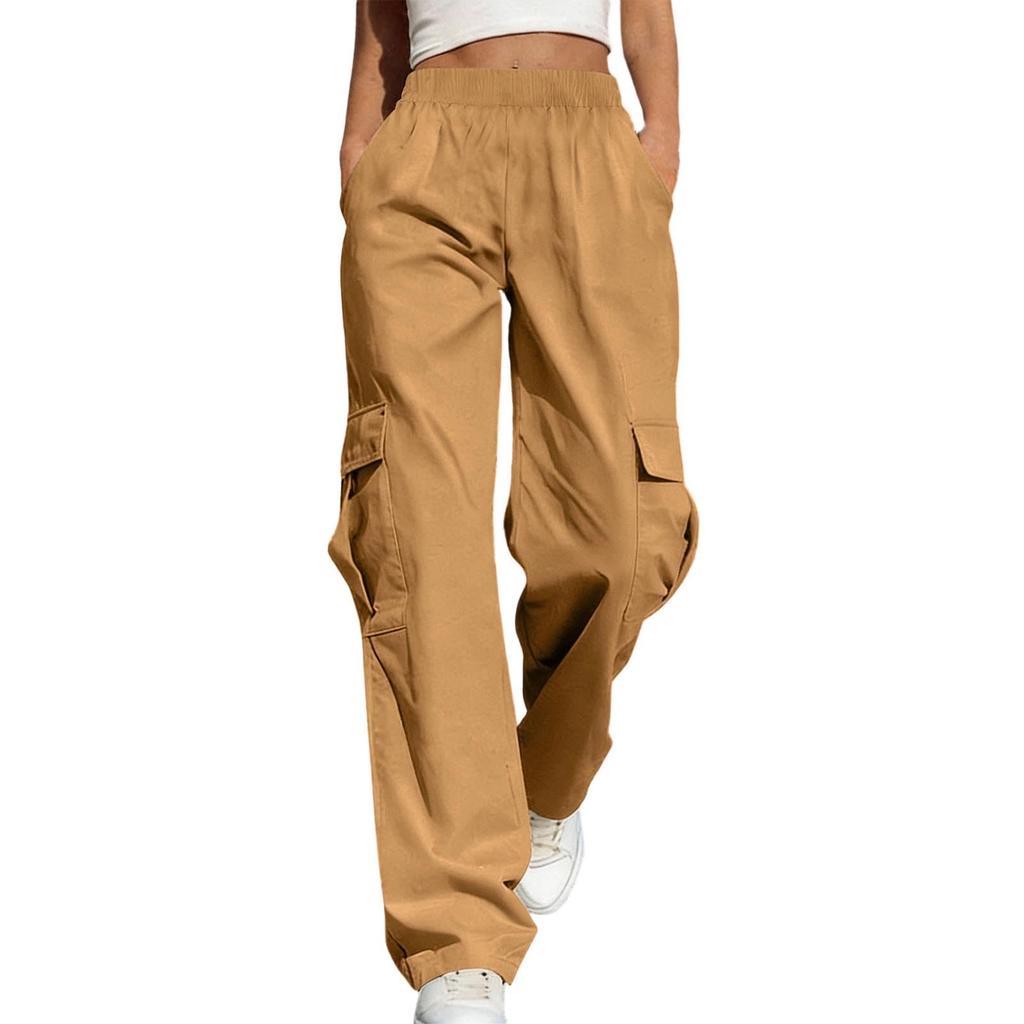 Women's Casual -Color Workwear Pants With Multiple Pockets And Wide Legs