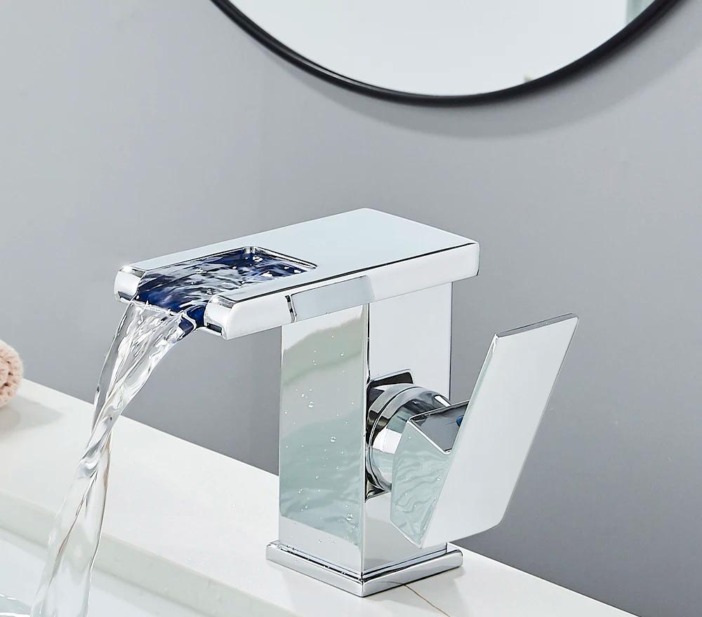 LED Bathroom Sink Faucet Brass Waterfall Faucet BlackBathroom Hot/Cold Mixer Crane Deck Mounted Wash Sink Taps Single Handle Tap