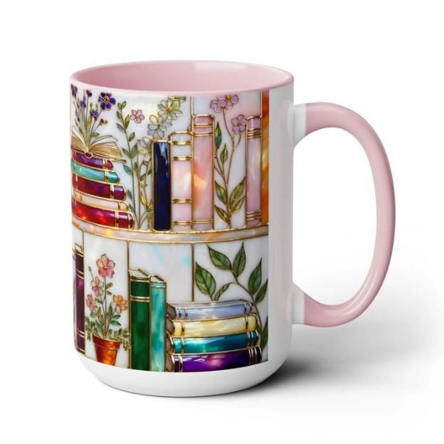 Stained-Glass Style Floral Bookshlef Mug,Book Lover Gift,Bookish Mug Clorful Resin Books Stack Coffee Cup Collection Gifts 11OZ