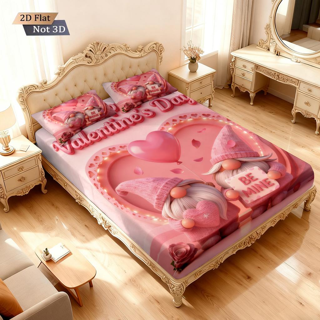 3pcs Valentine's Day Romantic Pink Love Essence Print Coreless Bed Sheet Set Multi Size Bedroom Bed Cover Holiday Decoration