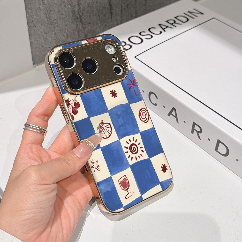 LUCKYSTART Stoßfestes Niedliches Case Handyhülle Für iPhone 17 16 15 14 13 12 11 Pro Max 16E Gold Galvanisierte Glas Hülle Blau & Rot Kariertes Cover
