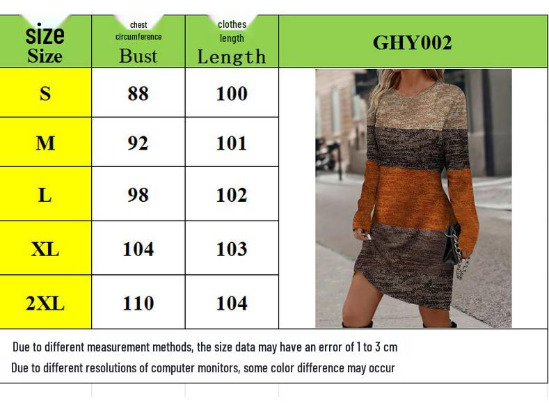 Women's Color Block Print Round Neck Long Sleeve Casual Dress - Spring/Autumn Collection