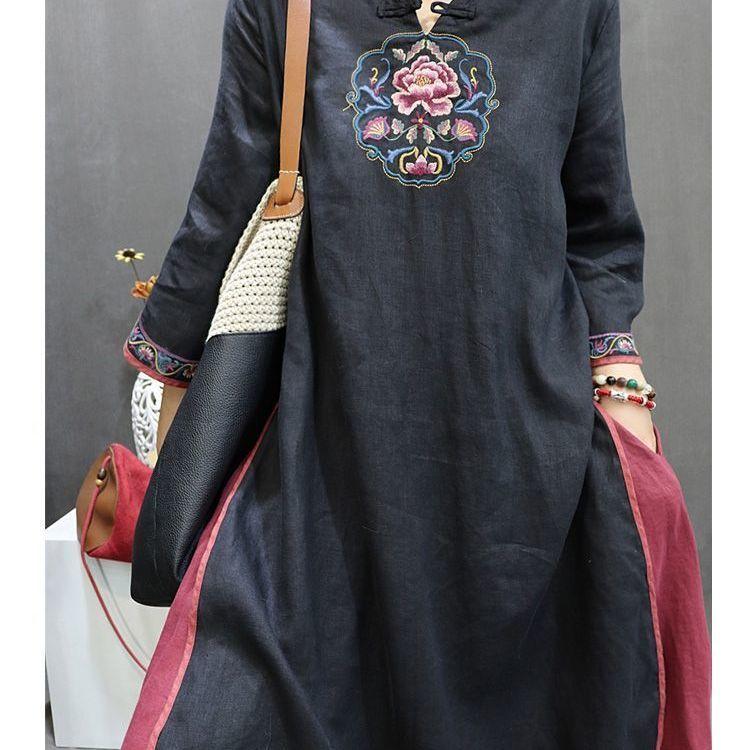 

Summer Chinese Style Cotton Linen Qipao Seven-point Sleeves Medium Length Split Dress Vintage Ethnic Embroidery Dress 4XL чорний