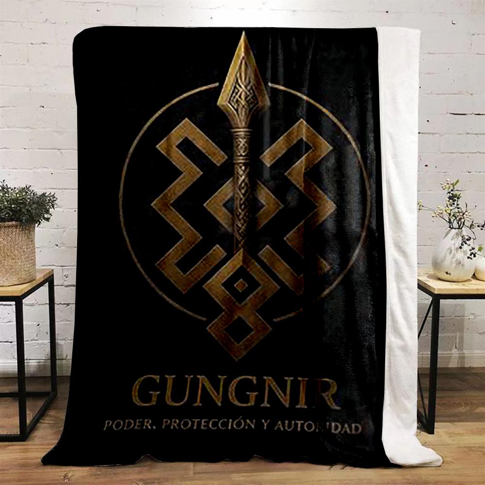 Gold Spear Nordic Symbol Design Printed Flannel Blanket for Bedroom, Living Room, Sofa, and Nap