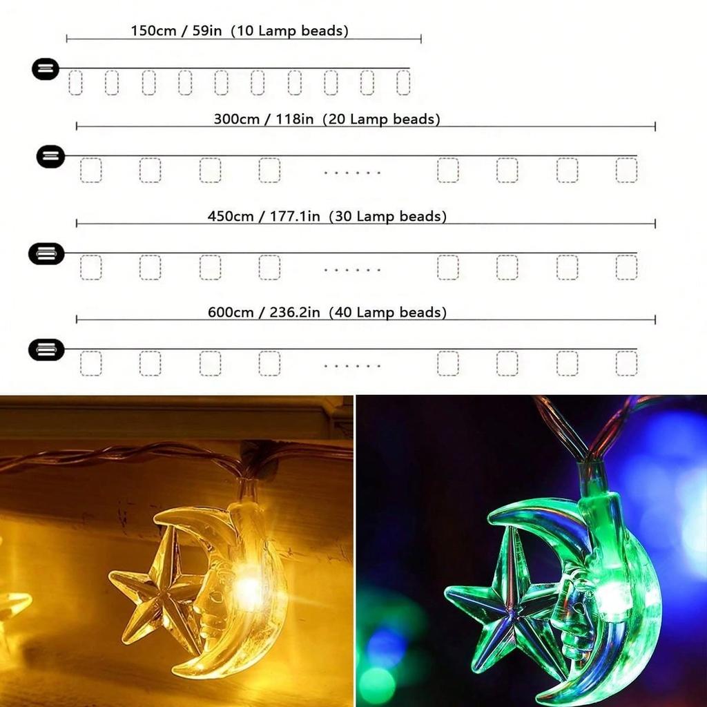 Moon Stars Ramadan String Light Battery Powered Decorative Hanging Lamp For Bedroom Home Garden Living Room Ramadan Decor