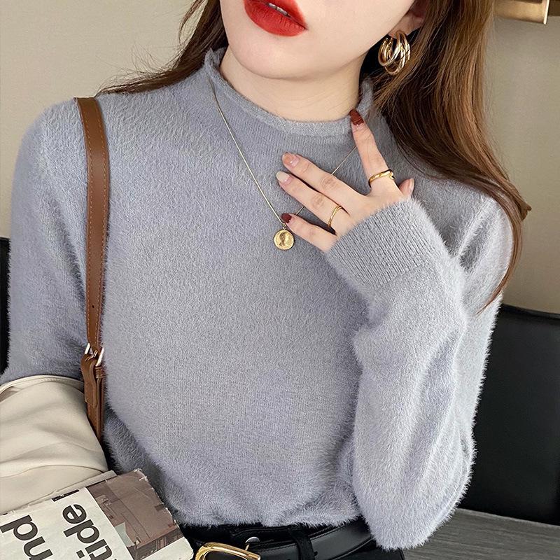 Women's Fleece-Lined Semi-High Neck Faux Mink Base Layer for Autumn/Winter
