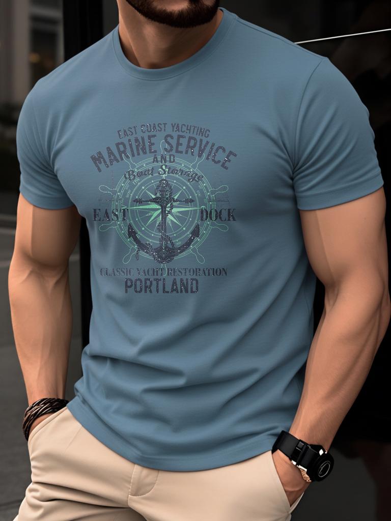 Men's Summer Fashion Casual Retro Anchor and Letter Print Short-Sleeve T-Shirt Round-Neck Loose-Fit Breathable Short-Sleeve Top
