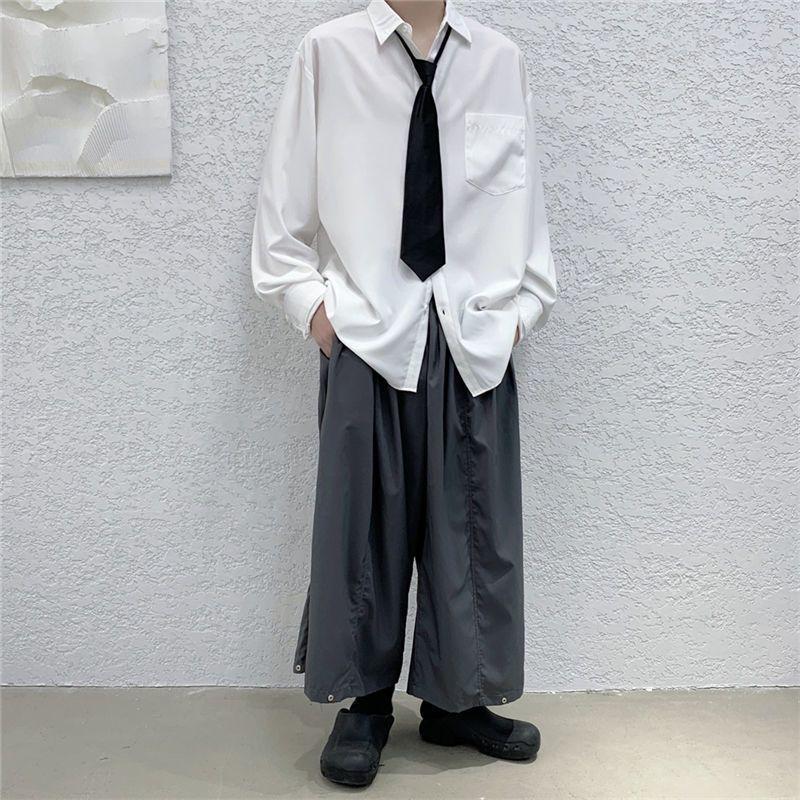 Men's Solid Color Shirt Male Turn Down Collar Black Tie Long Sleeved Shirt New Korean Style Loose Casual Comfortable Top