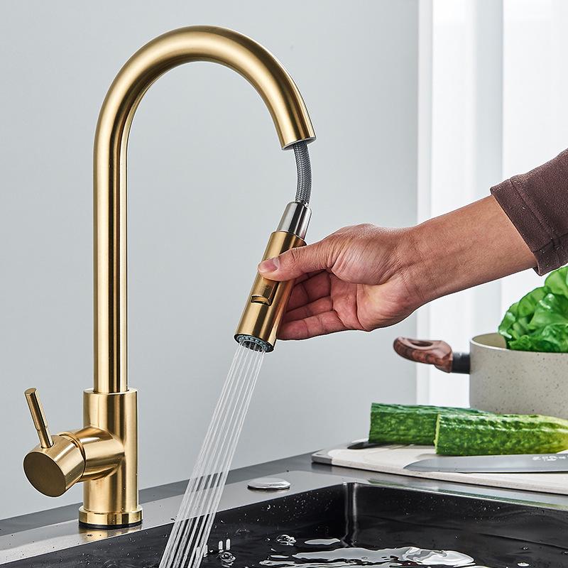 Gold & Black Brushed 304 Stainless Steel Pull-Out Kitchen Faucet for Sink & Vegetable Basin