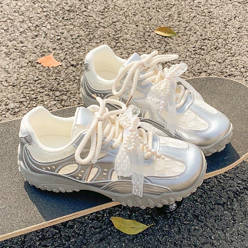 Women Silver Pearl Lace Breathable Mesh Casual Sports Training Sneakers 35 серый