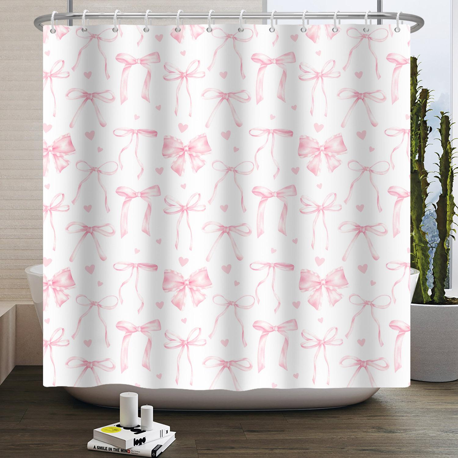 

Bow Pattern Shower Curtain Sweet Girl Bathroom Decoration Waterproof Bath Curtain Bathtub Privacy Partition Screen With 12 Hooks 90x180cm