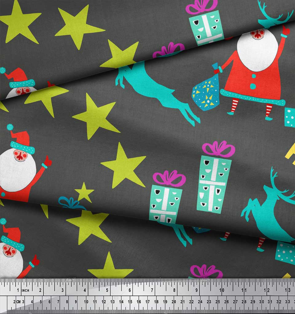 Soimoi Gray Japan Crepe Satin Fabric Santa & Gifts Kids Fabric Prints By metre 42 Inch