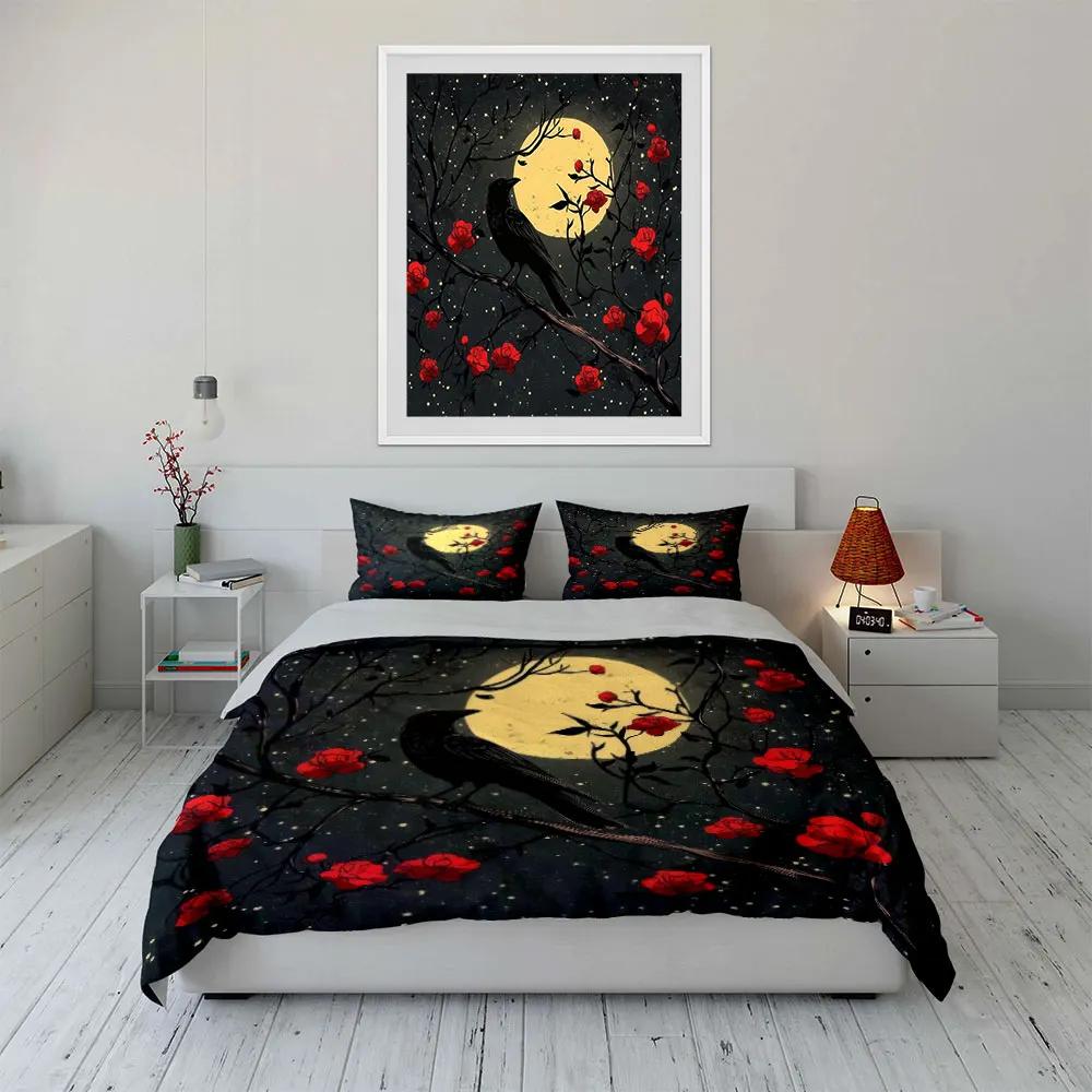 "Moonlight Raven Floral Art Set" Soft Comfortable Duvet Cover Bedding Set Included 1*Duvet Cover & 2*Pillowcases, gift