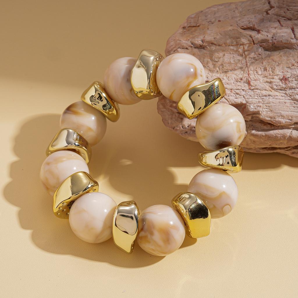 Acrylic Round Beaded Bracelet Irregular Geometric Metal Splicing Bangle for Women Imitation Stone Chain Bracelet Accessories