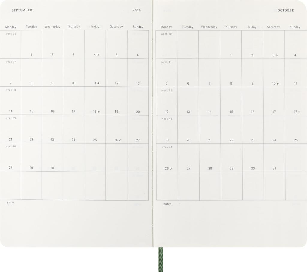 Moleskine 2026 Weekly January Large Size W x 21cm Soft Myrtle DSK1512WN3Y26 Planner, 12-Month Diary, Start, (13cm H), Cover, Green,