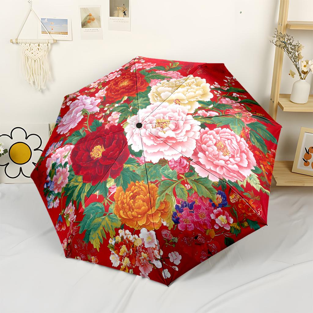 Floral Harmony In Red Automatic Umbrella Folding Umbrella with 8 Ribs Sturdy Construction Travel Essential Compact Folding Umbrella