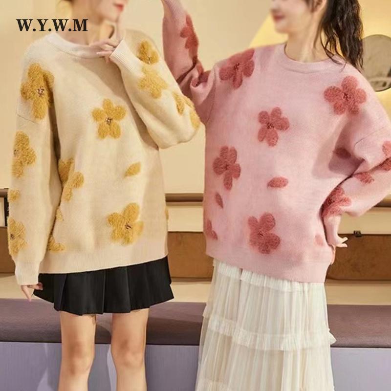 

WYWM зимний вязаный пуловер с цветочной вышивкой, свитер, женский уличный свитер в стиле ретро, ​​женский простой мягкий теплый свитер