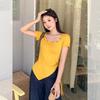 Super fire unique irregular hem yellow top women's summer pleated straps waist pinch waist thin short sleeves