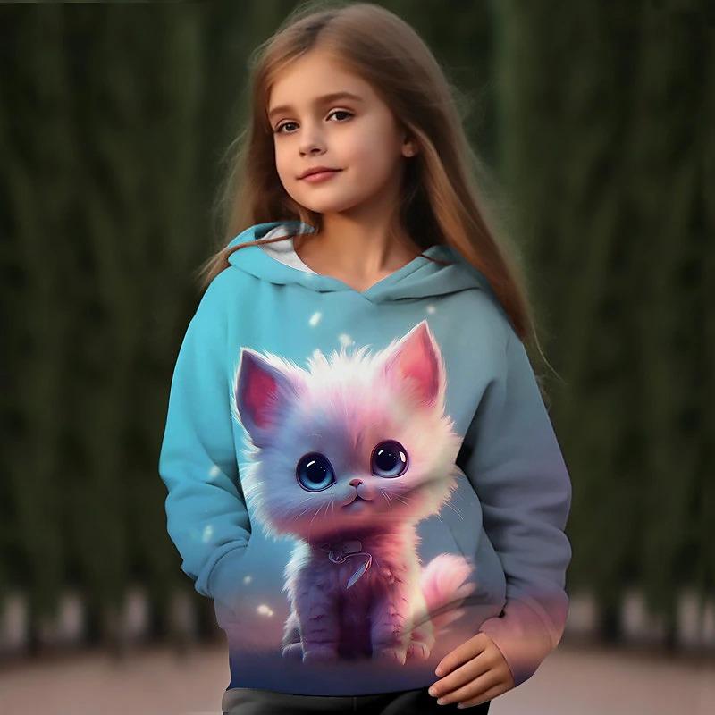Kids Clothes Girl Spring Fall Hoodies Cartoon 3D Cat Print Streetwear Children's Sweatshirts Outerwear Pullovers Girl Clothing