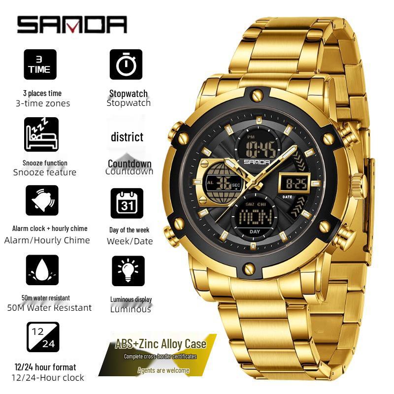 SANDA Men's Multi-Time Zone Steel Band Watch - Luminous, Waterproof, Alarm & Stopwatch Features