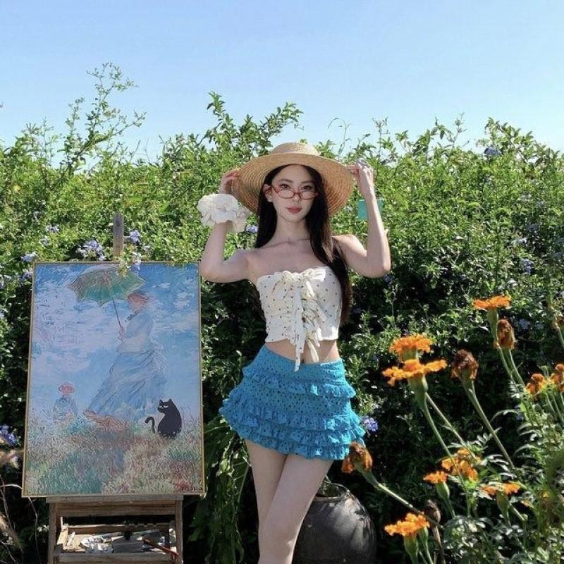 Sexy Split Swimsuit Spicy Girl Lace Up Strapless Delicate Embroidered Cake Short Skirt Vacation S 80-95 jin