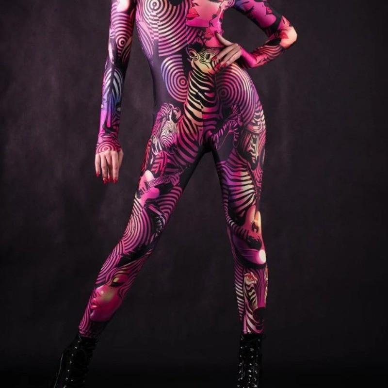 Zebra Lines Women Face 3D Digital Printing Jumpsuit Adults Stage Dance Performance Outfit Halloween Party Dress Up Costume