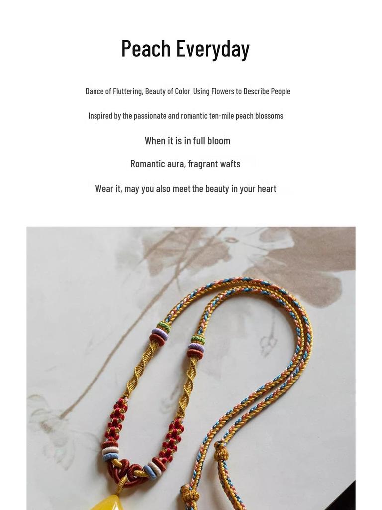 Elegant Handmade Amber Gold Pendant Necklace with Eight Treasures Compass Safety Buckle and Jade Pendant Rope