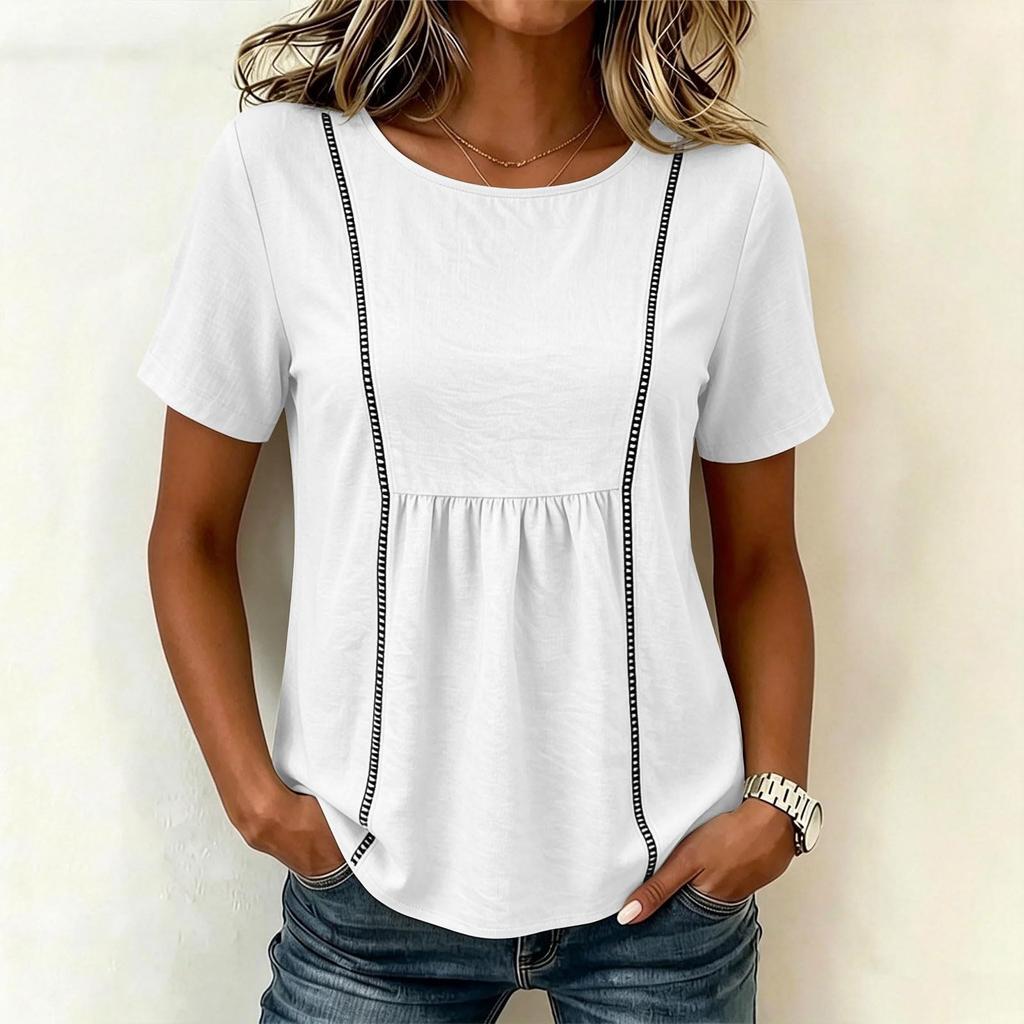 Women's Fashion Solid Color Round Neck Short Sleeve Patchwork Casual T Shirt Top Lightweight Comfortable Summer Tee
