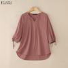ZANZEA Women Casual V-Neck Solid Color Loose 3/4 Sleeve Blouse