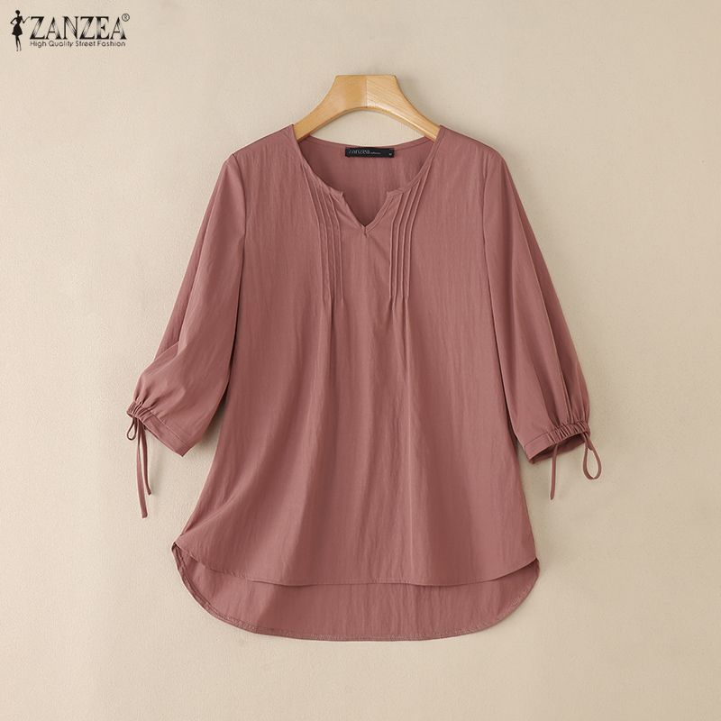 ZANZEA Women Casual V-Neck Solid Color Loose 3/4 Sleeve Blouse
