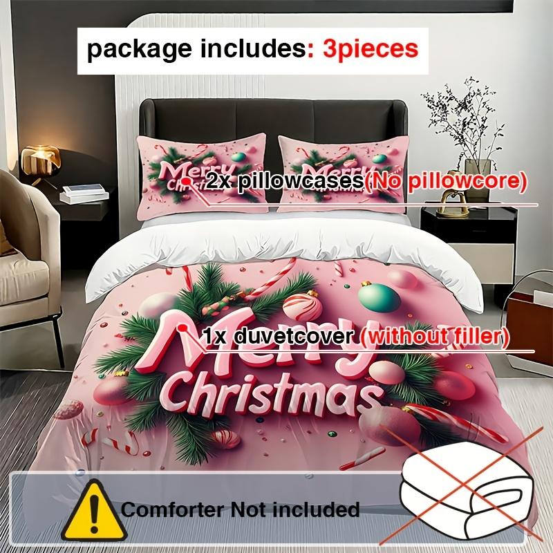 3pcs 3D Merry Christmas Theme Bedding Set, Pink Merry Christmas Alphabet Print Duvet Cover Set (1*Duvet Cover + 2*Pillowcases)