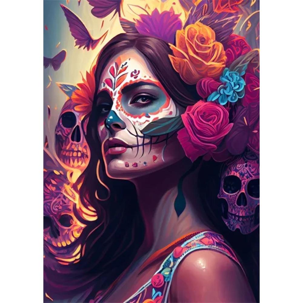 Festive and Mysterious Mexican Girl Day of Dead Gothic Sugar Skulls Canvas Painting Posters Prints Wall Art Picture Home Decor