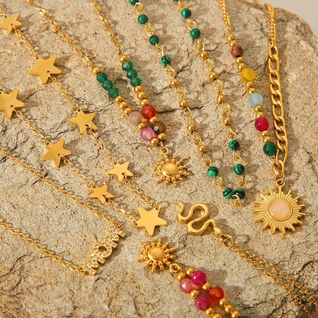 Natural Stone Beaded Titanium Steel Necklace with Sun and Star Pendant Women's Fashion Jewelry