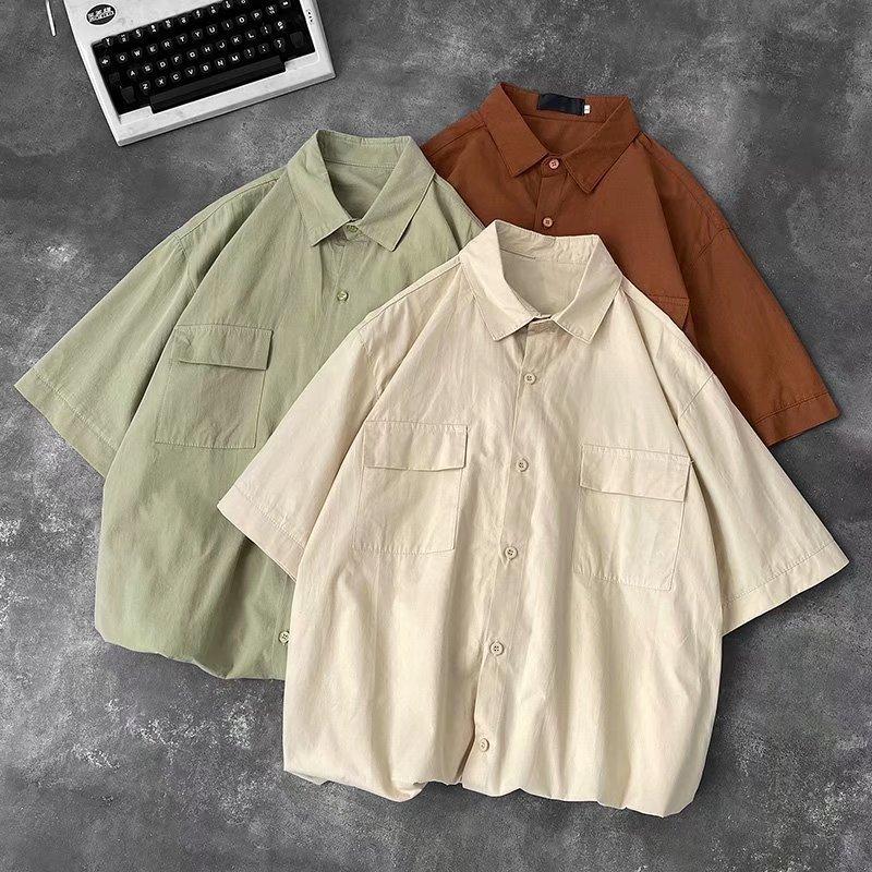 Solid Color Short Sleeve Shirt, Unisex Summer Korean Style Cool Workwear Top Trendy Loose Fit Shirt Jacket