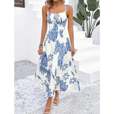 Women's Floral Print Spaghetti Strap Midi Dress with Square Neck and A-Line Skirt