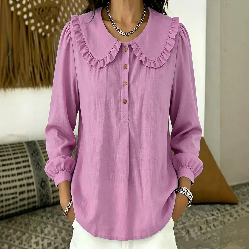 Women's Color Cotton Linen Loose Fit Long Sleeve Top with Collar