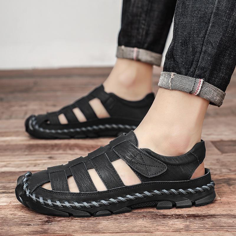 Fashion Outdoor Breathable Soft Soled Water Wading Beach Shoes Summer Fashion Men Plus Size Leather Hand Sewn Comfortable Casual Sandals